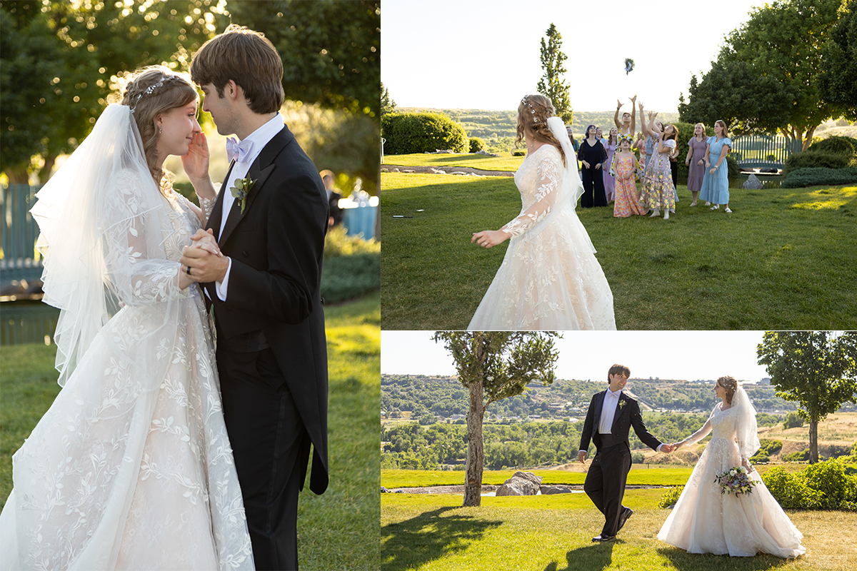 1000-Blog Composite image featuring a bride and groom dancing outdoors in a sunlit garden on the left, the bride tossing her bouquet to cheering wedding guests in the top-right panel, and the couple walking hand-in-hand along a grassy path on the bottom right.