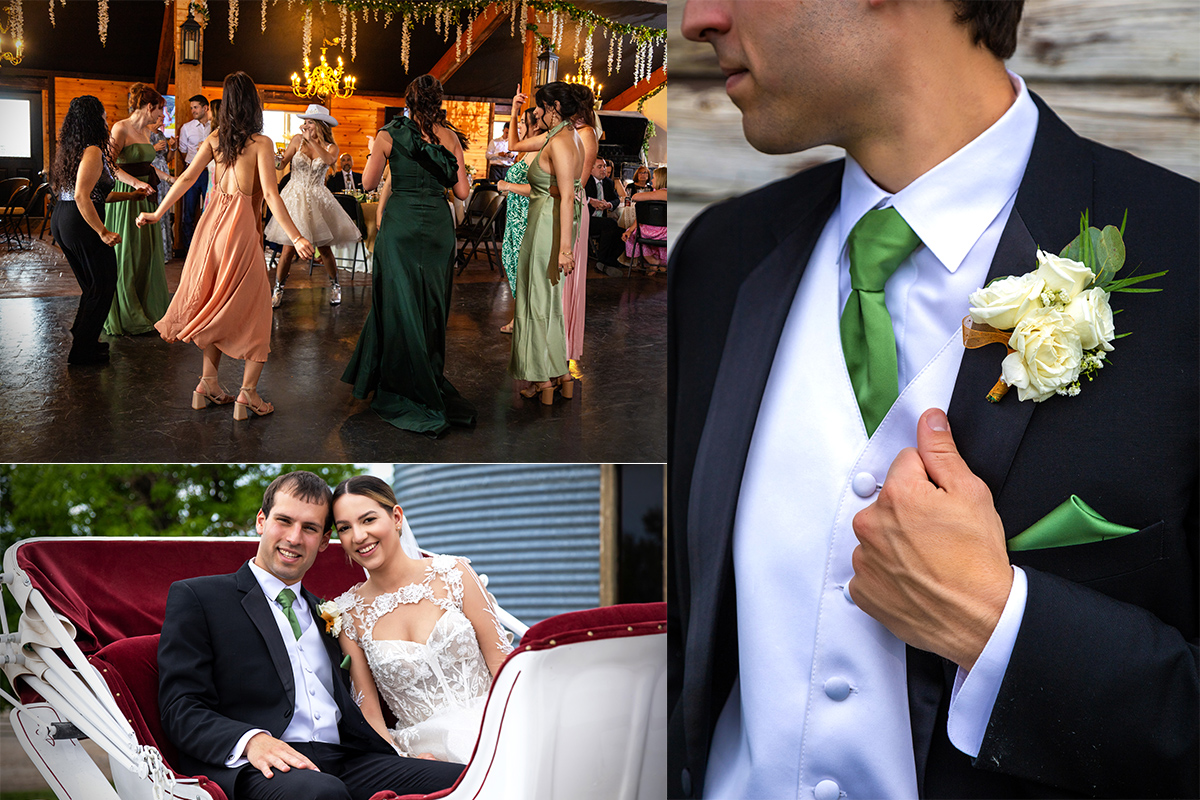 1001-blog Composite image featuring bridesmaids and guests dancing inside a rustic venue on the top left, the bride and groom riding together in a white horse-drawn carriage on the bottom left, and a close-up of the groom in a tuxedo with a green tie and white rose boutonnière on the right.