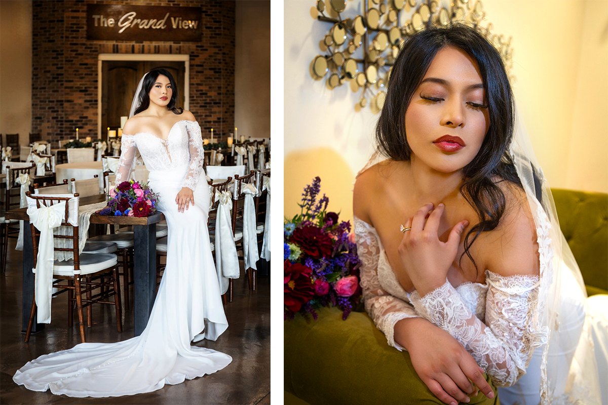 Side-by-side composite photo showing a bride in a white off-the-shoulder gown posing in a venue with The Grand View sign on the left, and a close-up portrait of the bride reclining on a couch with a dark floral bouquet on the right.