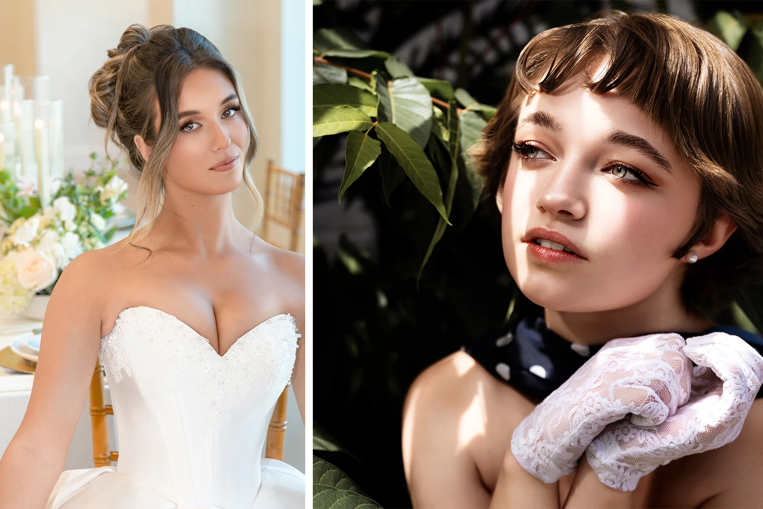 Hero Image 28 The left side features a bride in a strapless white gown, and the right side showcases a senior portrait with a vintage-inspired collared top, lace gloves, and soft, dappled lighting.