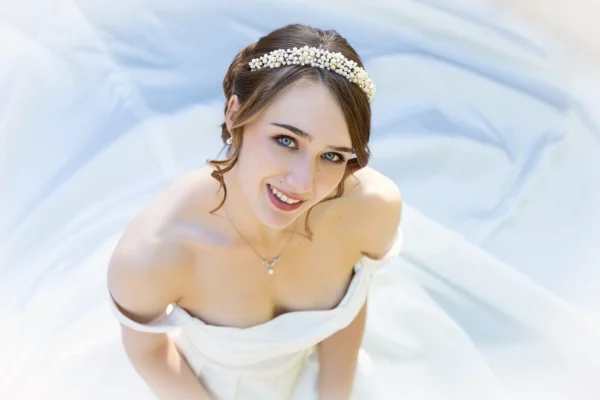 Elegant bridal portrait showing bridal makeup tiara and veil details